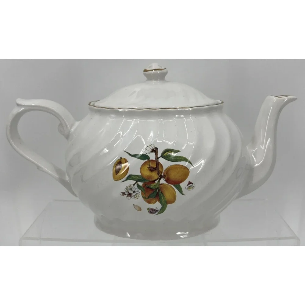 Vtg Arthur Wood & Son Staffordshire England Teapot 6459 Apples‎ Peach Gold Trim